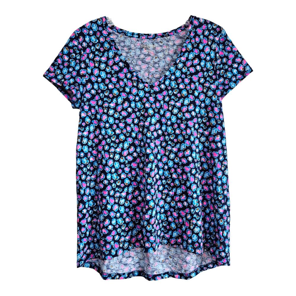 LILLY PULITZER Women's S Etta V-Neck T-Shirt Top Seabreeze Blue Pink Dots 34"